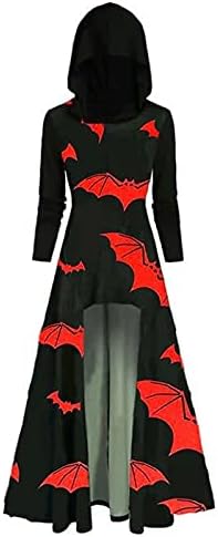 Kadınlar için cadılar bayramı Kostümleri Gotik uzun kapüşonlu elbise Yarasa Baskı Kapşonlu Yaka Yüksek Düşük Pelerin