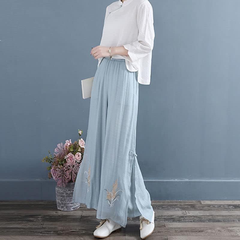Çin Ulusal Tarzı Retro Zarif Slacks Geniş Bacak Işlemeli Çiçek Rahat Elastik Bel Pantolon Kadınlar ıçin color1 XS