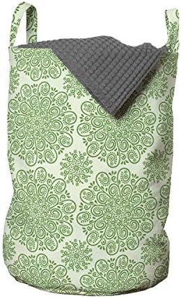 Lunarable Yeşil Oryantal Çamaşır Torbası, Güney Soyut Radyal Dairesel Çiçek İplik Motifi, Kulplu Sepet Çamaşırhaneler
