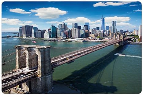 Yiyecek ve Su için Lunarable Manzara Evcil Hayvan Matı, Brooklyn Köprüsü'nün Havadan Görünümü New York ABD Şehir Manzarası