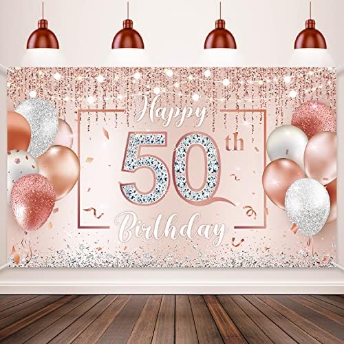 50th Doğum Günü zemin Glitter Diamonds balonlar ışıkları mutlu 50th Banner gül altın Pembe mutlu 50th Doğum günü süslemeleri