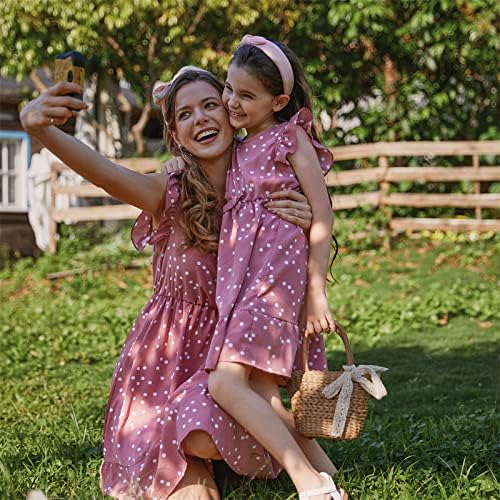 PATPAT Annem ve ben Elbiseler Eşleşen Kıyafetler Aile Eşleştirme Polka Dots Çarpıntı Kollu Elbise Anne ve Kızı için