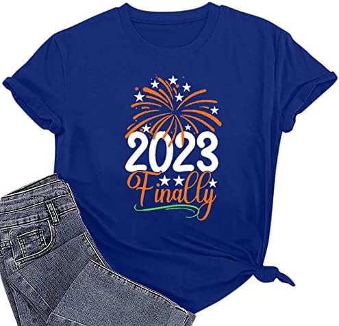 Mutlu Yeni Yıl 2023 Gömlek Kadınlar için Kısa Kollu Gömlek Casual Crewneck Temel Tee Genç Kızlar Sevimli Tatil Bluz