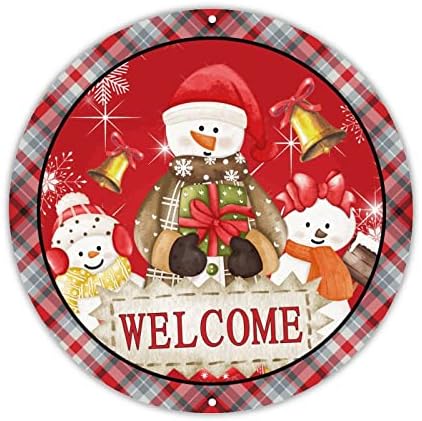 DecStic hoş geldin yazısı Merry Christmas Karşılama Yuvarlak Metal İşareti zil Kardan Adam Buffalo Ekose İşareti Kutsal