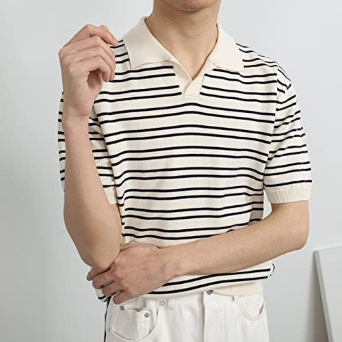 DGHM-JLMY erkek Yaz V Yaka Buz İpek Çizgili polo tişört Şerit V Boyun Kısa Kollu T Shirt Casual Slim fit T-Shirt