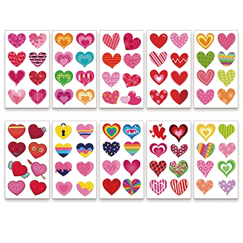 Sevgililer Günü Çocuklar için Geçici Dövmeler 10 Sayfalık Kalp Dövmesi Erkek Kızlar için Sahte Dövme Kalp Yüz Çıkartmaları