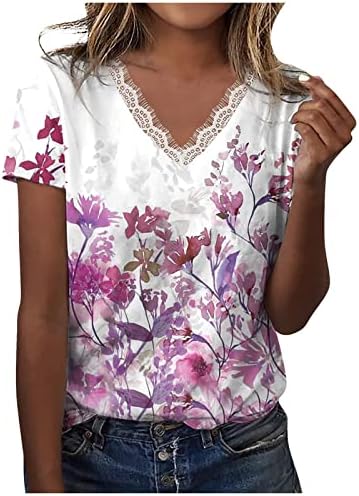 Yaz Çiçek Baskılı T Shirt Kadınlar için V Boyun Tığ İşi dantel üstler Kısa Kollu Bluz Gevşek Rahat Seksi Tee Gömlek