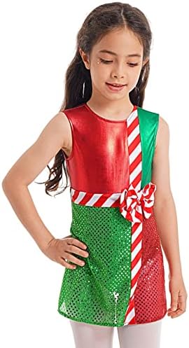 MSemis Çocuk Kız Sequins Santa Kostüm Kolsuz baston şeker Hediye Bir Çizgi Elbise Bale Giyim