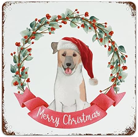 Guangpat Retro Noel İşareti Merry Christmas Metal Tabela Noel Çelenk Pet Köpek Metal İşareti Bulldog Köpek Duvar Sanatı