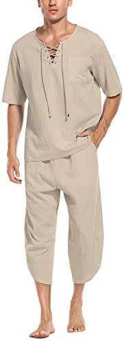 Babioboa erkek 2 Parça Keten Set Kısa Kollu Hippi Gömlek ve Baggy Harem kapri pantolonlar Rahat Plaj Yoga Pantolon